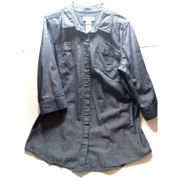 Denim 3/4 Sleeve Blouse Women's Liz Claiborne Petite Large Belt Loops Pockets - Picture 1 of 10